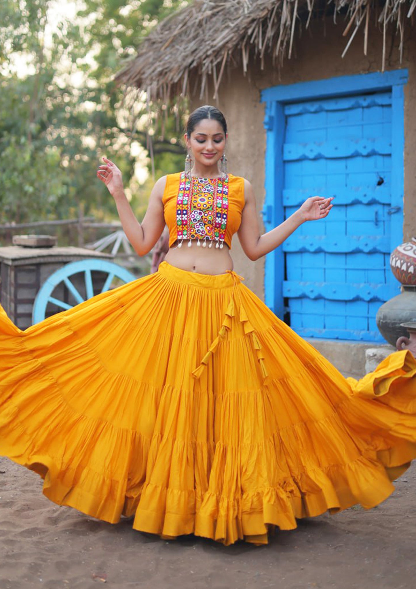 Rayon Yellow Festival Wear Gamthi Work Readymade Lehenga Choli With Koti