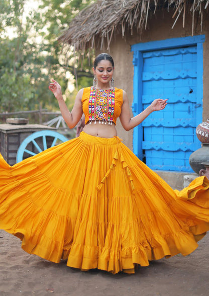 Rayon Yellow Festival Wear Gamthi Work Readymade Lehenga Choli With Koti