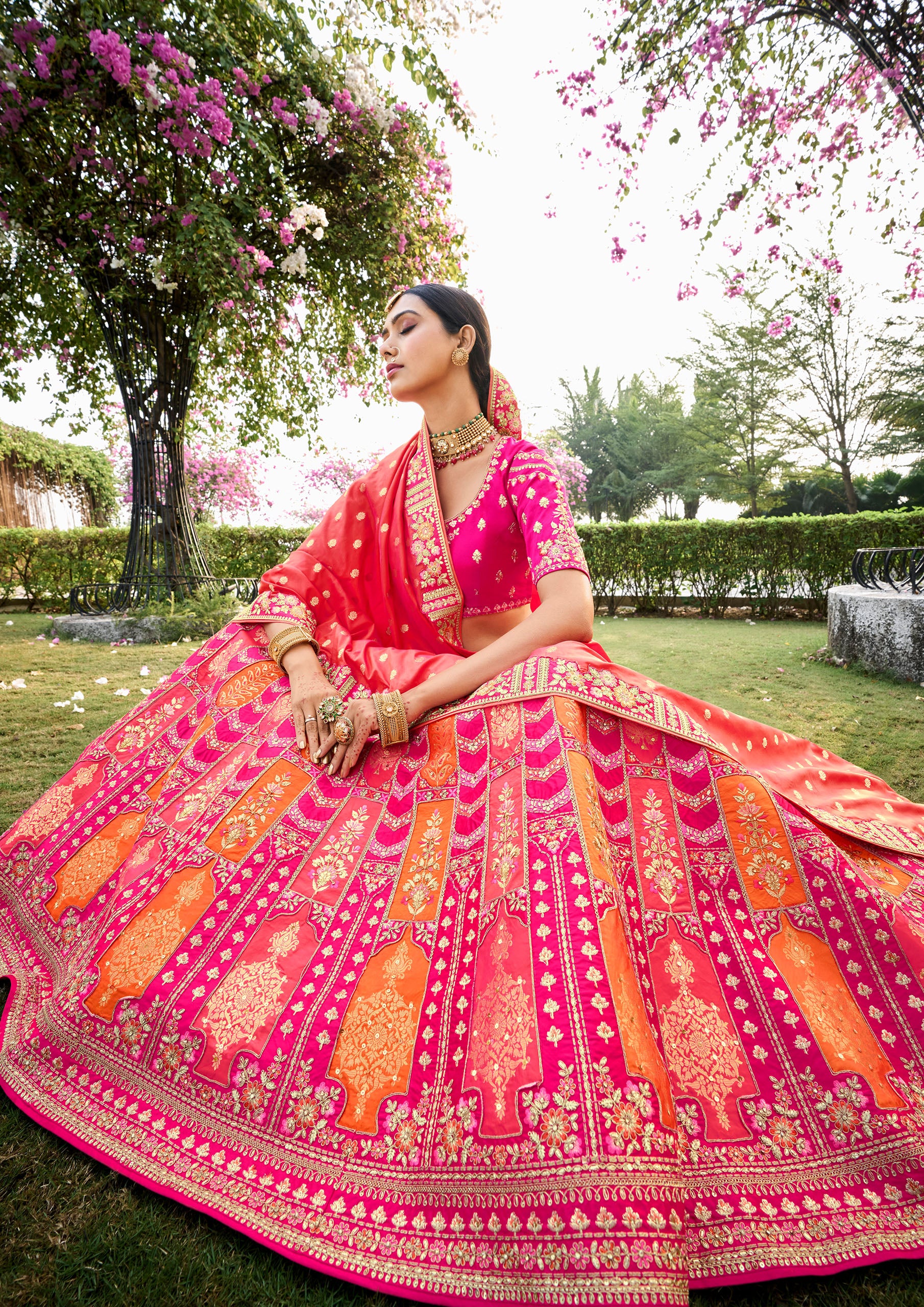 Pink And Orange Banarasi Silk Embroidery Lehenga With Sequins Work