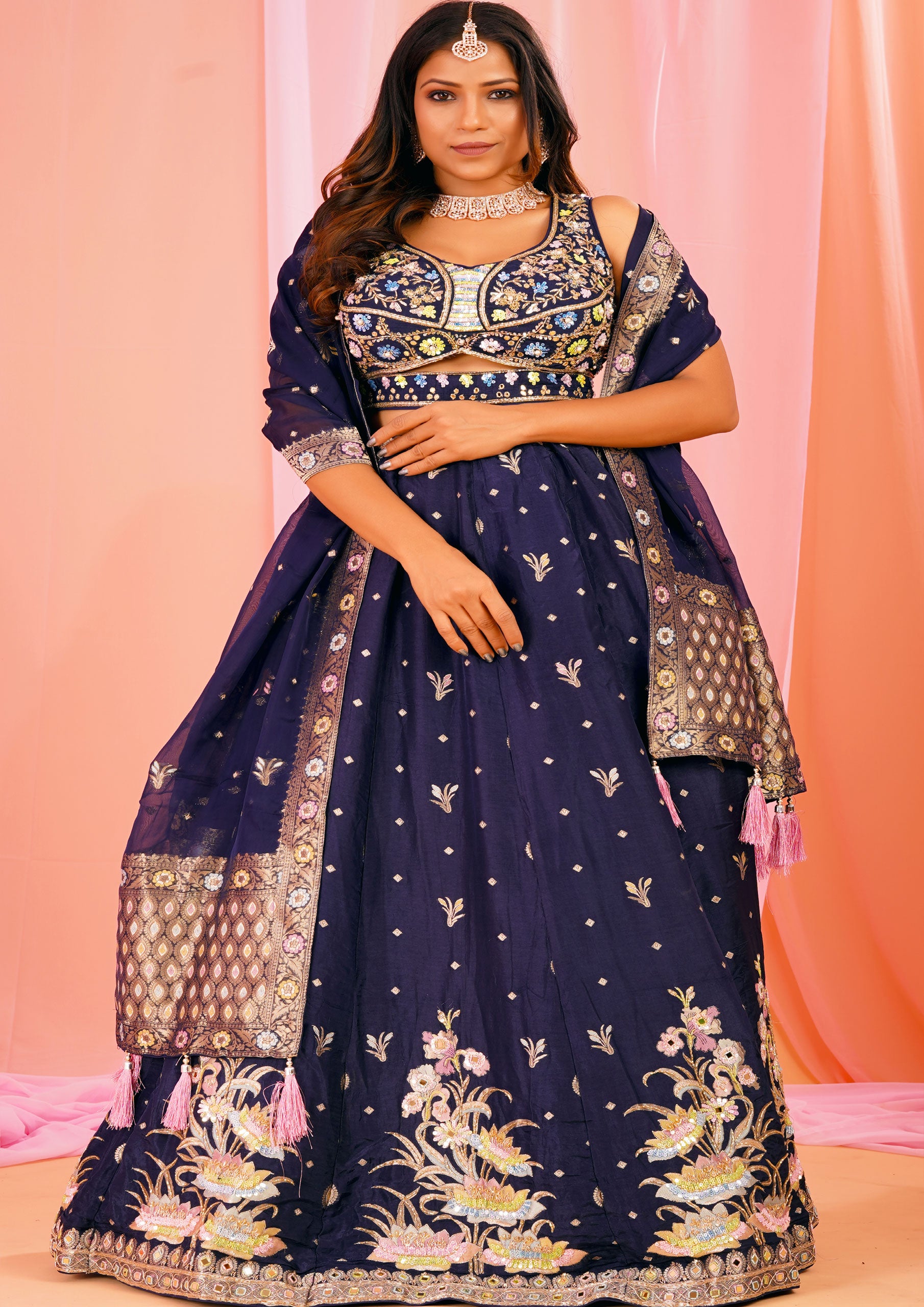 Navy Blue Color Silk Weaving Work Lehenga Choli