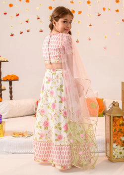 Off White And Pink Flower Print Kids Lehenga