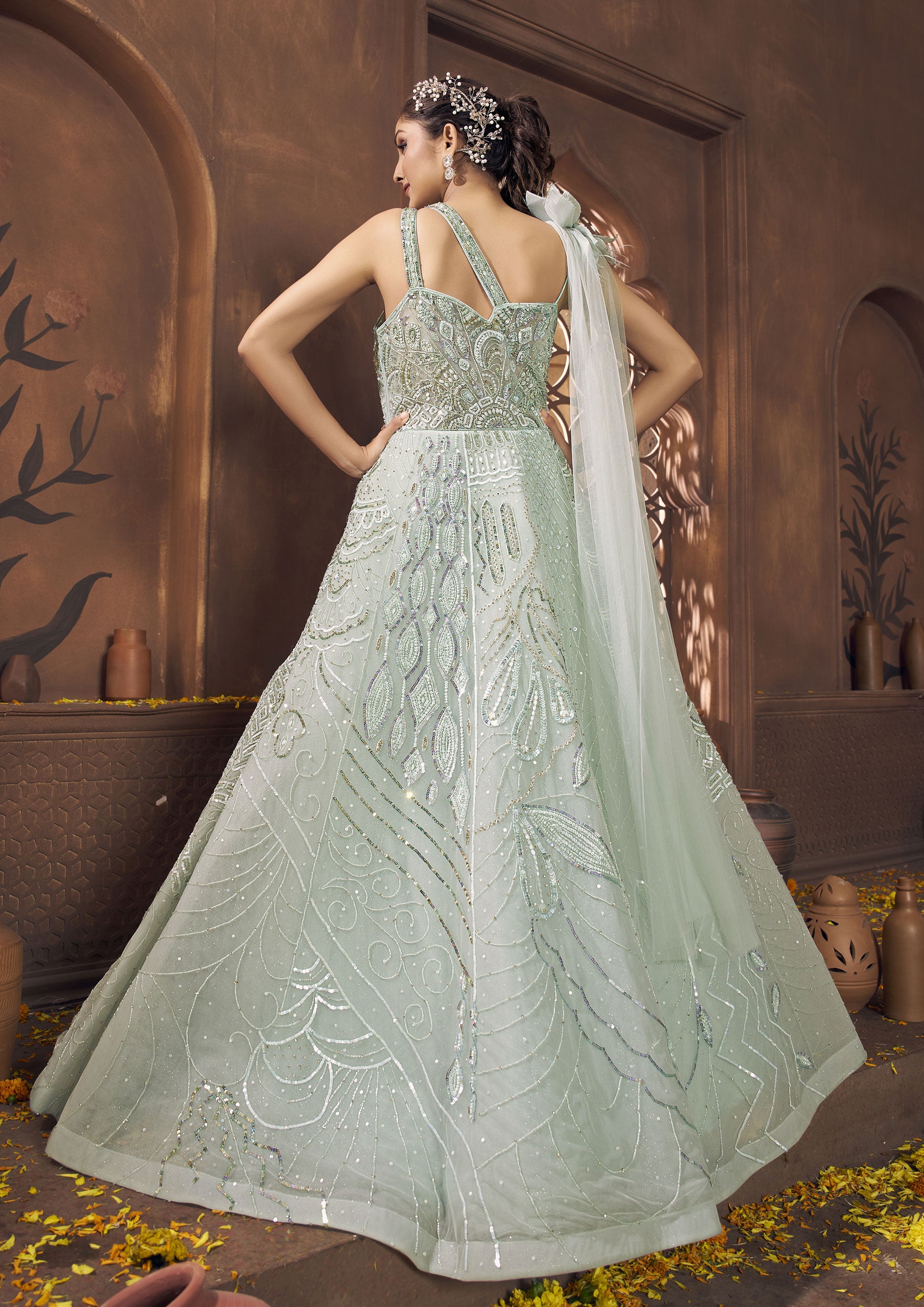 Pista Green Color Net Sequins Work Reception Wear Gown