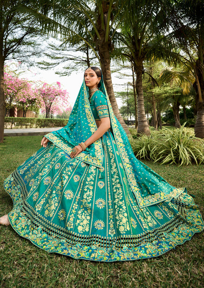 Sea Green Banarasi Silk Embroidery Lehenga With Sequins Work
