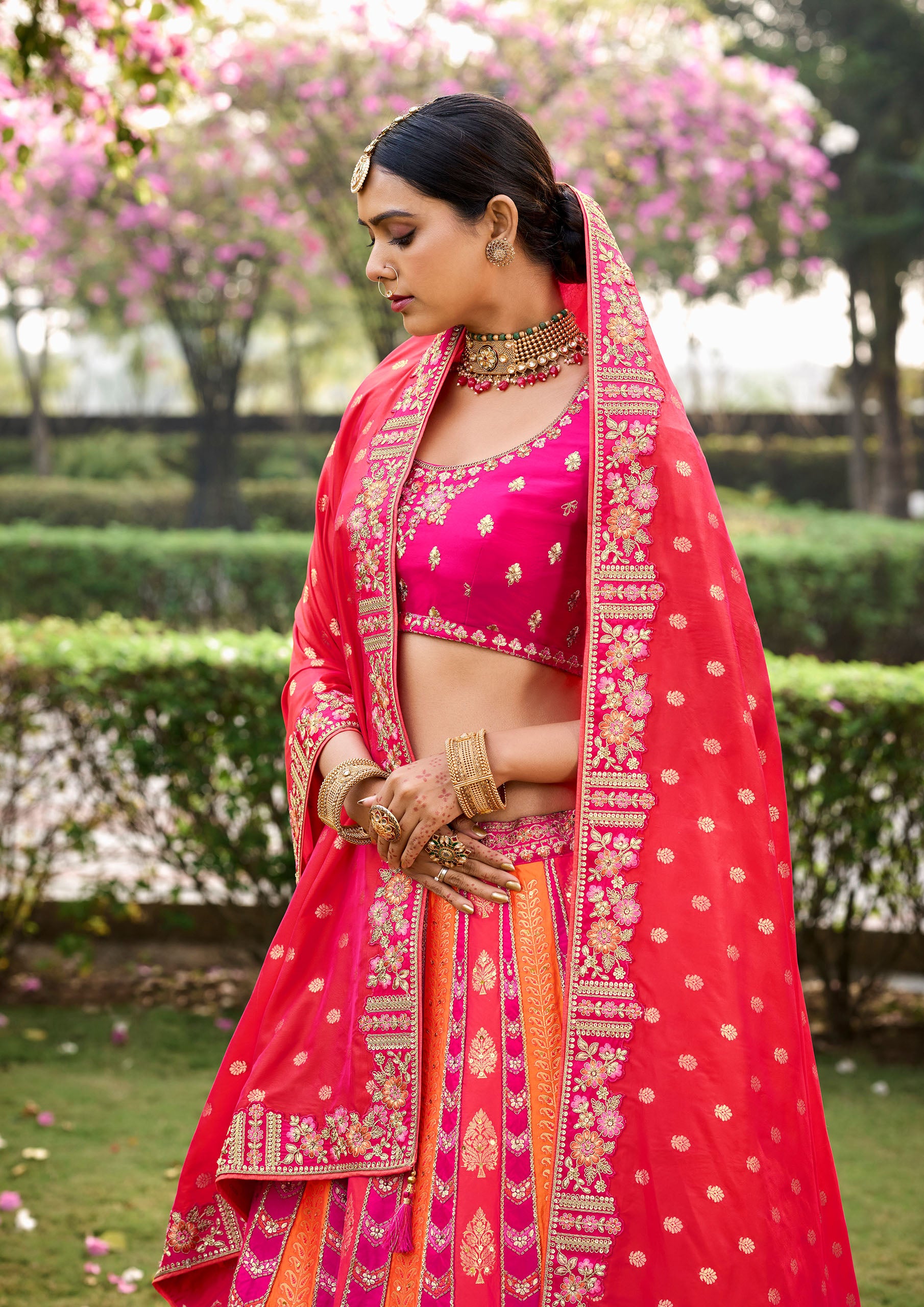 Pink And Orange Banarasi Silk Embroidery Lehenga With Sequins Work