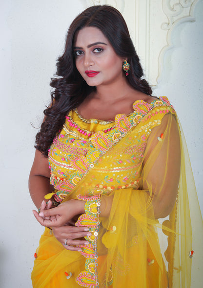 Yellow Color Net Saree with Handwork in Border and Blouse