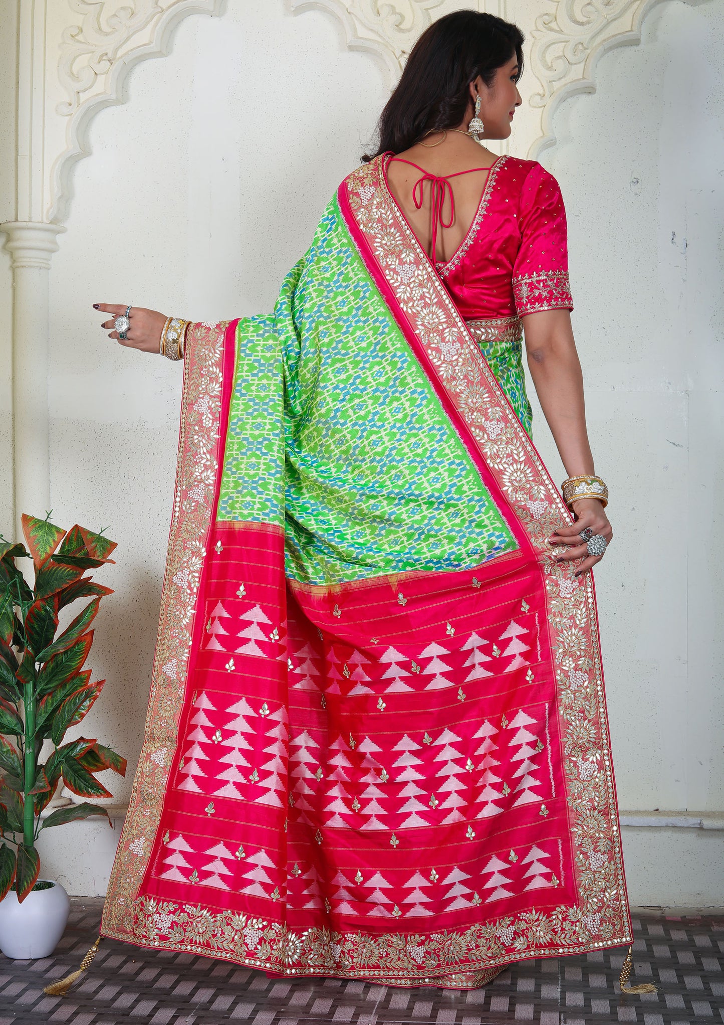 Parrot Green Color Silk Handwork Saree