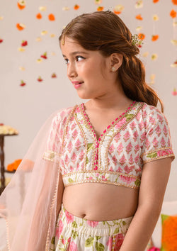 Off White And Pink Flower Print Kids Lehenga