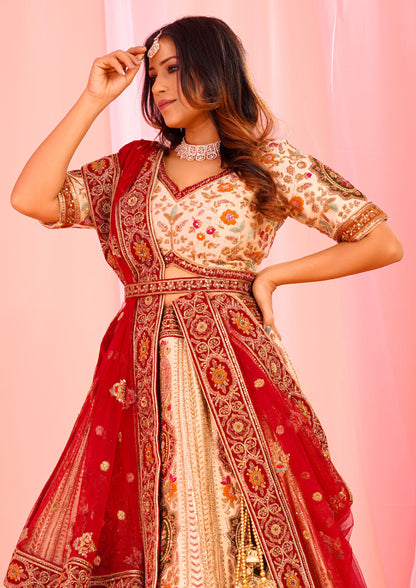 Exclusive Gold And Maroon Color Raw Silk Hand Work Bridal Lehenga