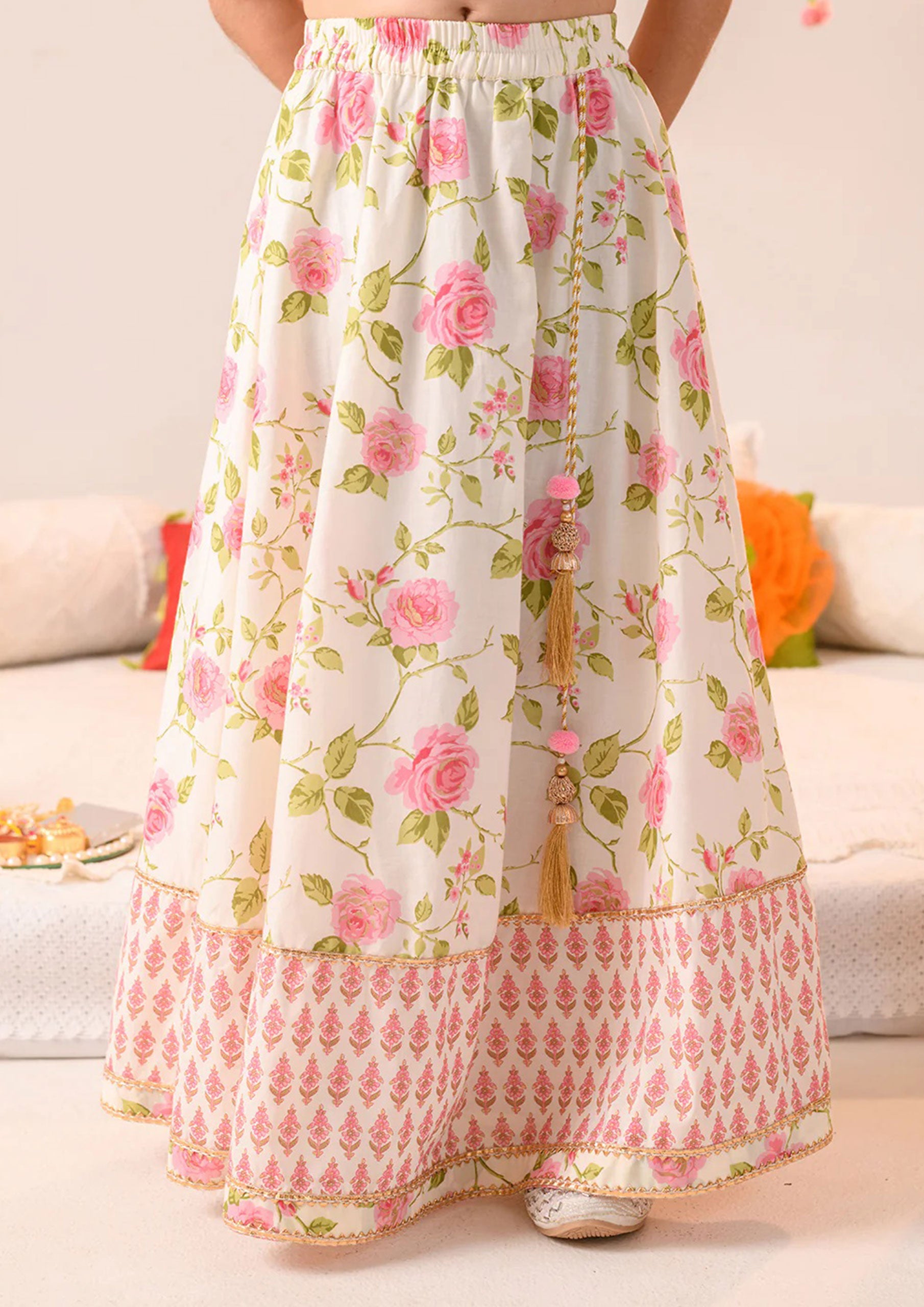 Off White And Pink Flower Print Kids Lehenga