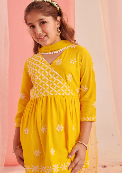 Girls Floral Embroidered Empire Thread Work Kurta With Sharara