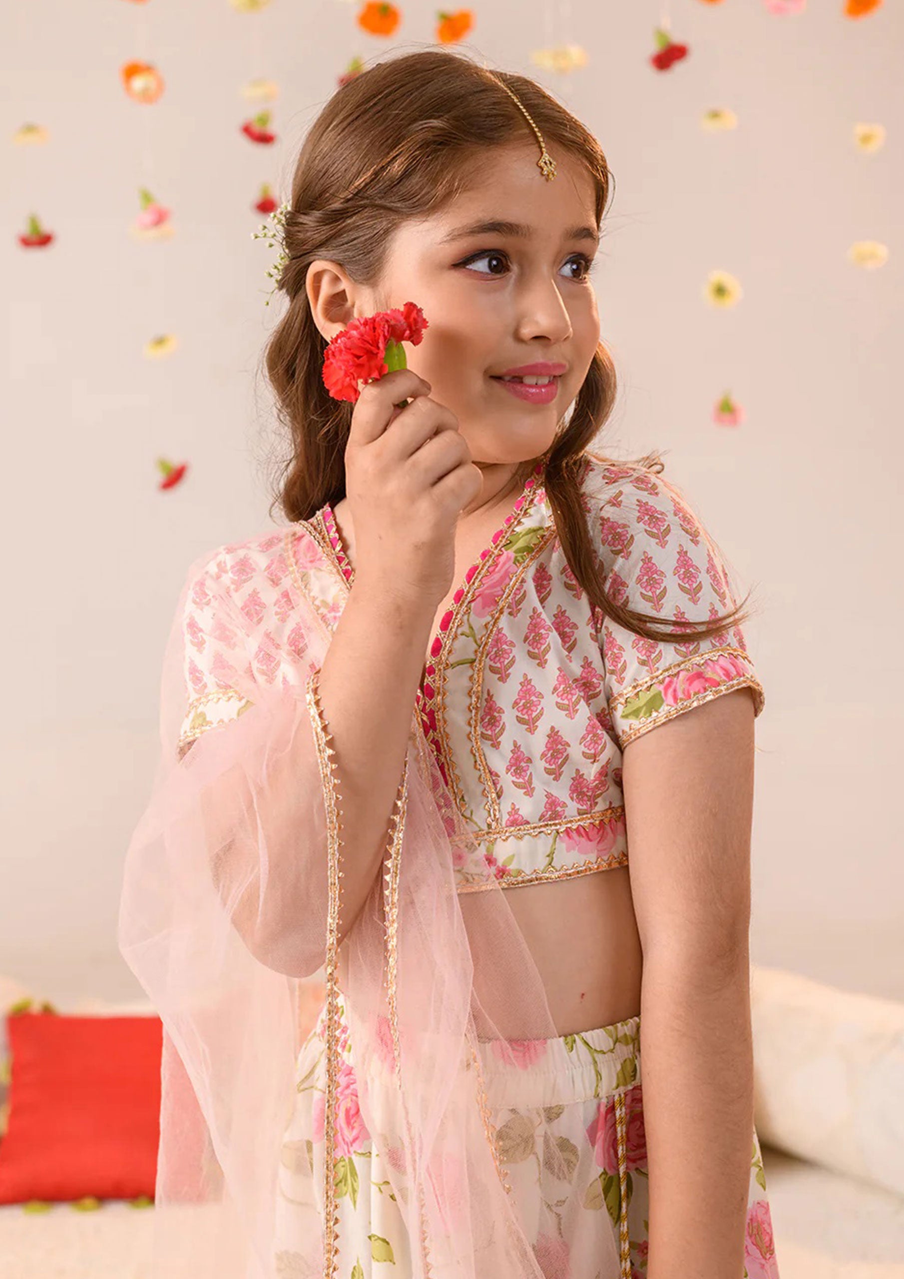 Off White And Pink Flower Print Kids Lehenga