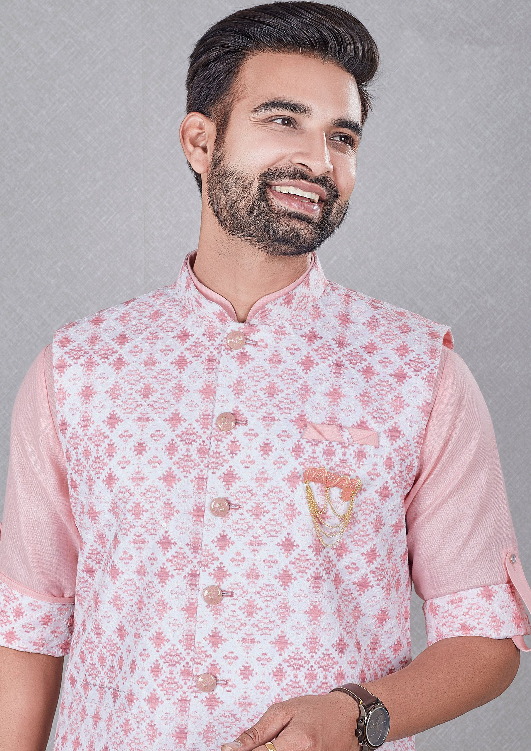 Pink Color Jacquard Silk Kurta With Nehru Jacket