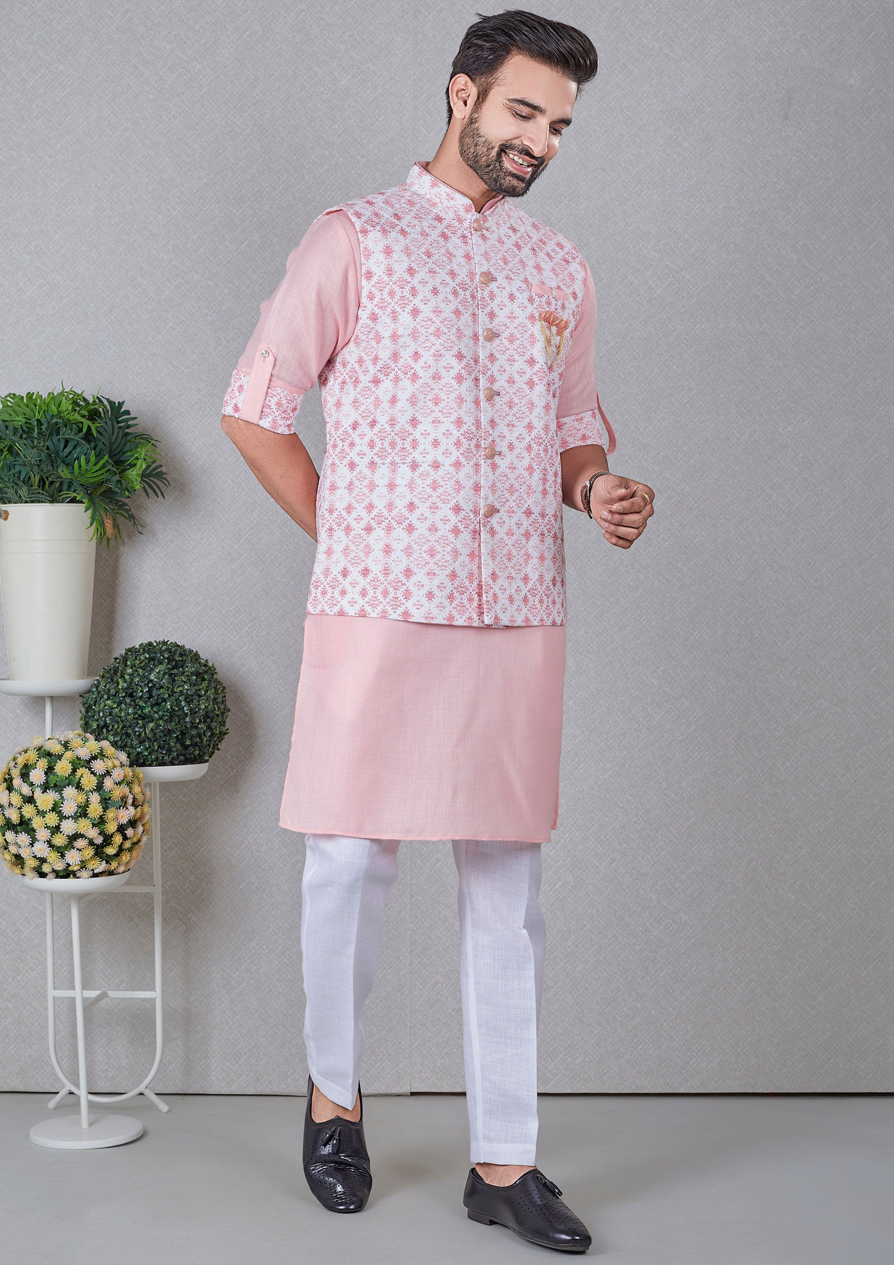 Pink Color Jacquard Silk Kurta With Nehru Jacket