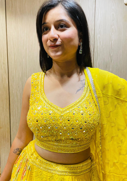 Yellow Color Georgette Lucknowi Work Lehenga Choli