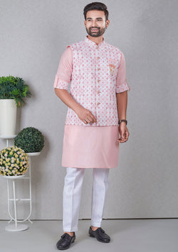 Pink Color Jacquard Silk Kurta With Nehru Jacket