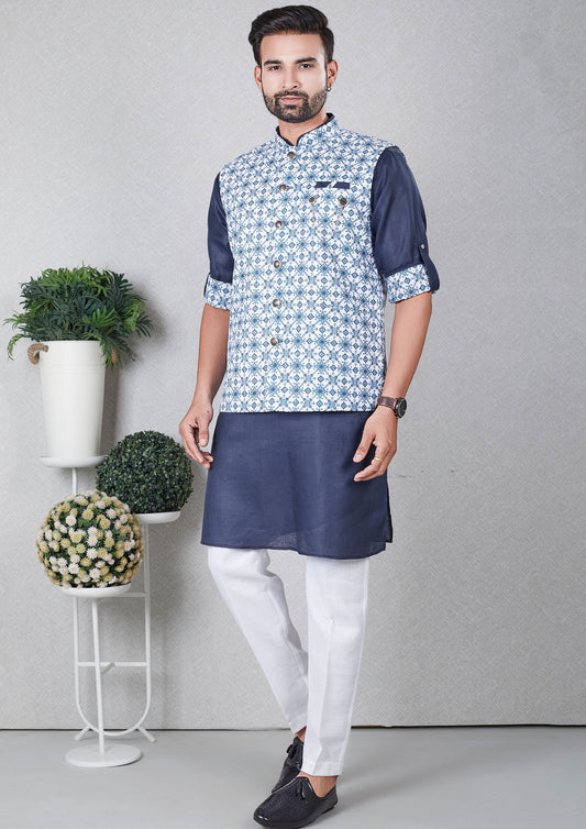 Navy Blue Color Jacquard Silk Kurta With Printed Nehru Jacket