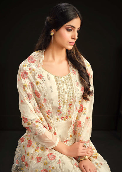 Cream Embroidered Organza Straight Suit
