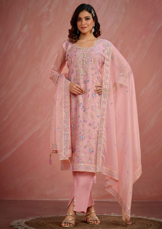 Peach Color Embroidered Organza Straight Suit