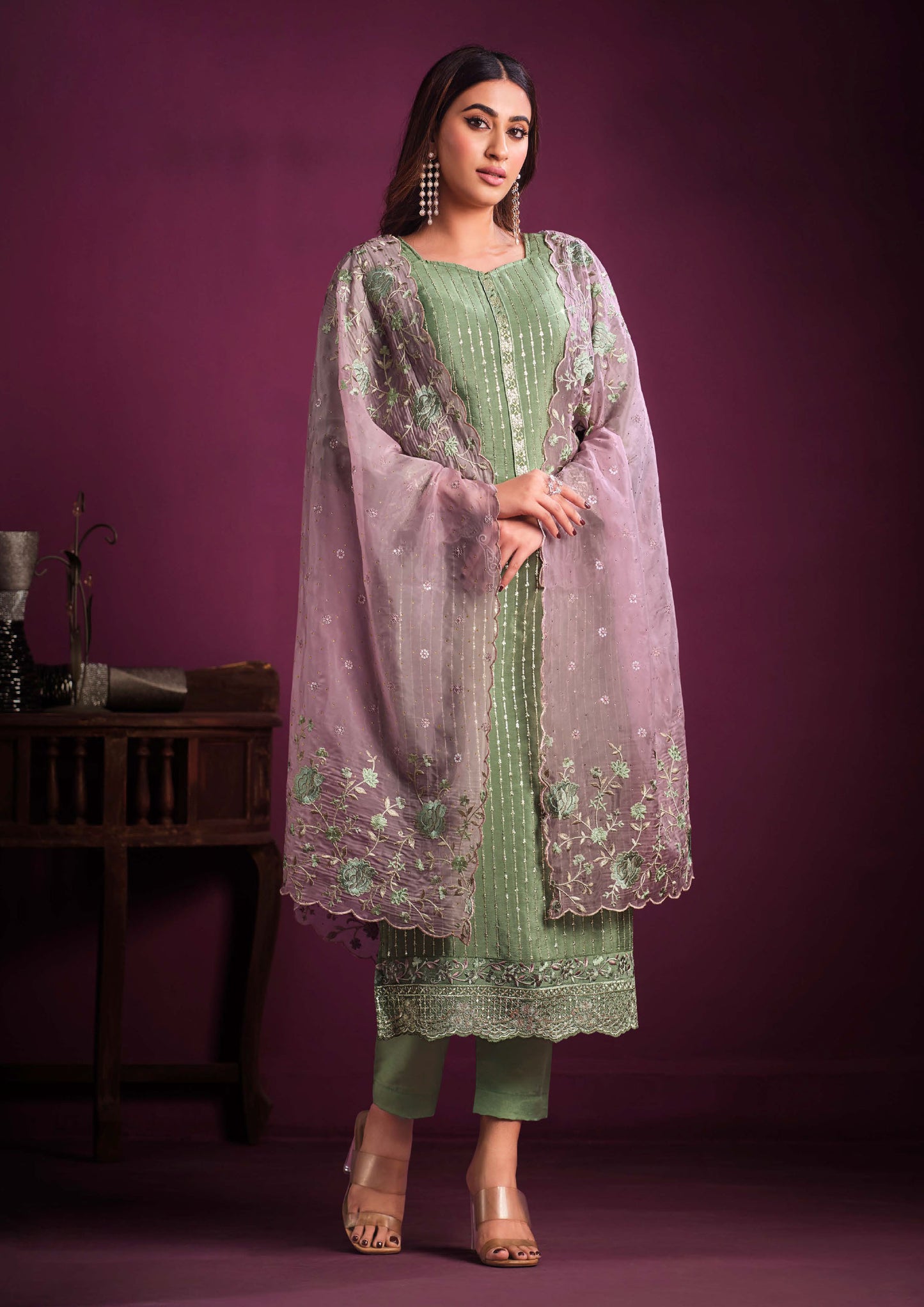 Green color Chinnon with Pink Organza Dupatta  Salwar Suit