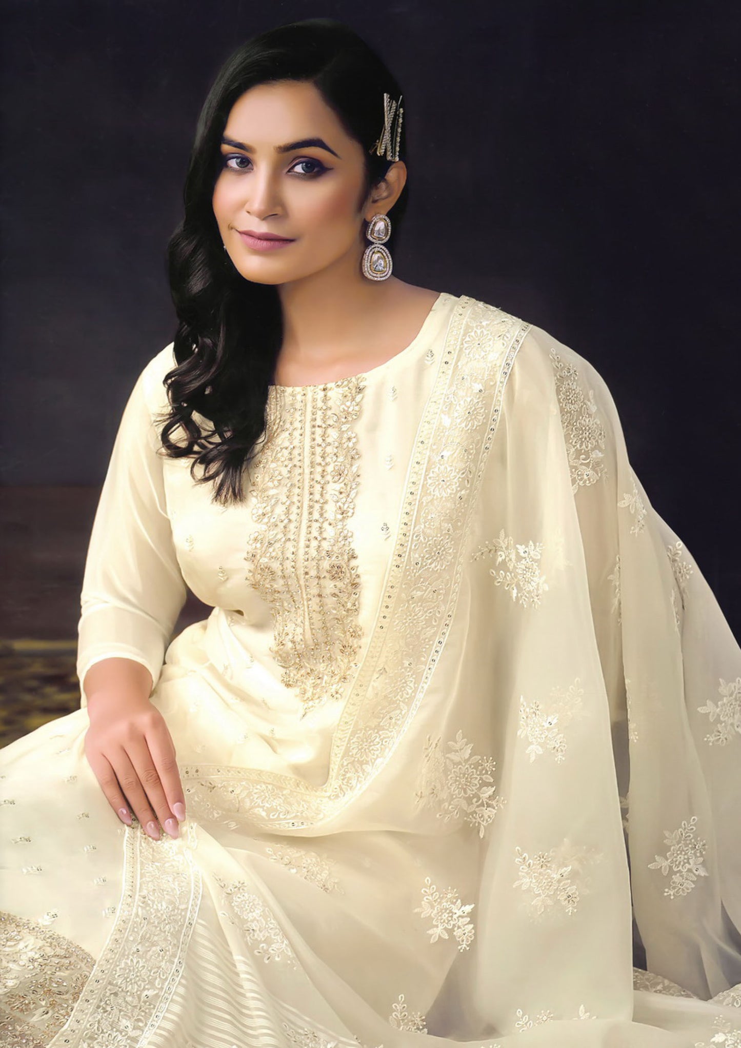 Cream Color Embroidered Organza Salwar Kameez For Traditional Occasions