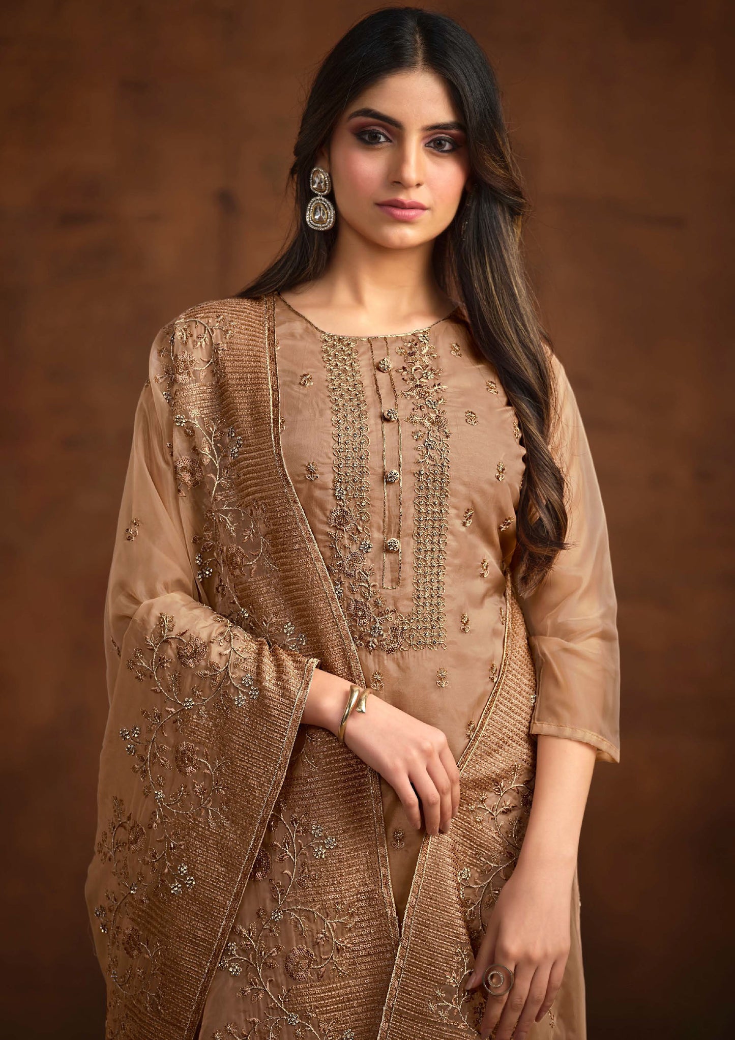Brown Color Embroidered Organza Suit