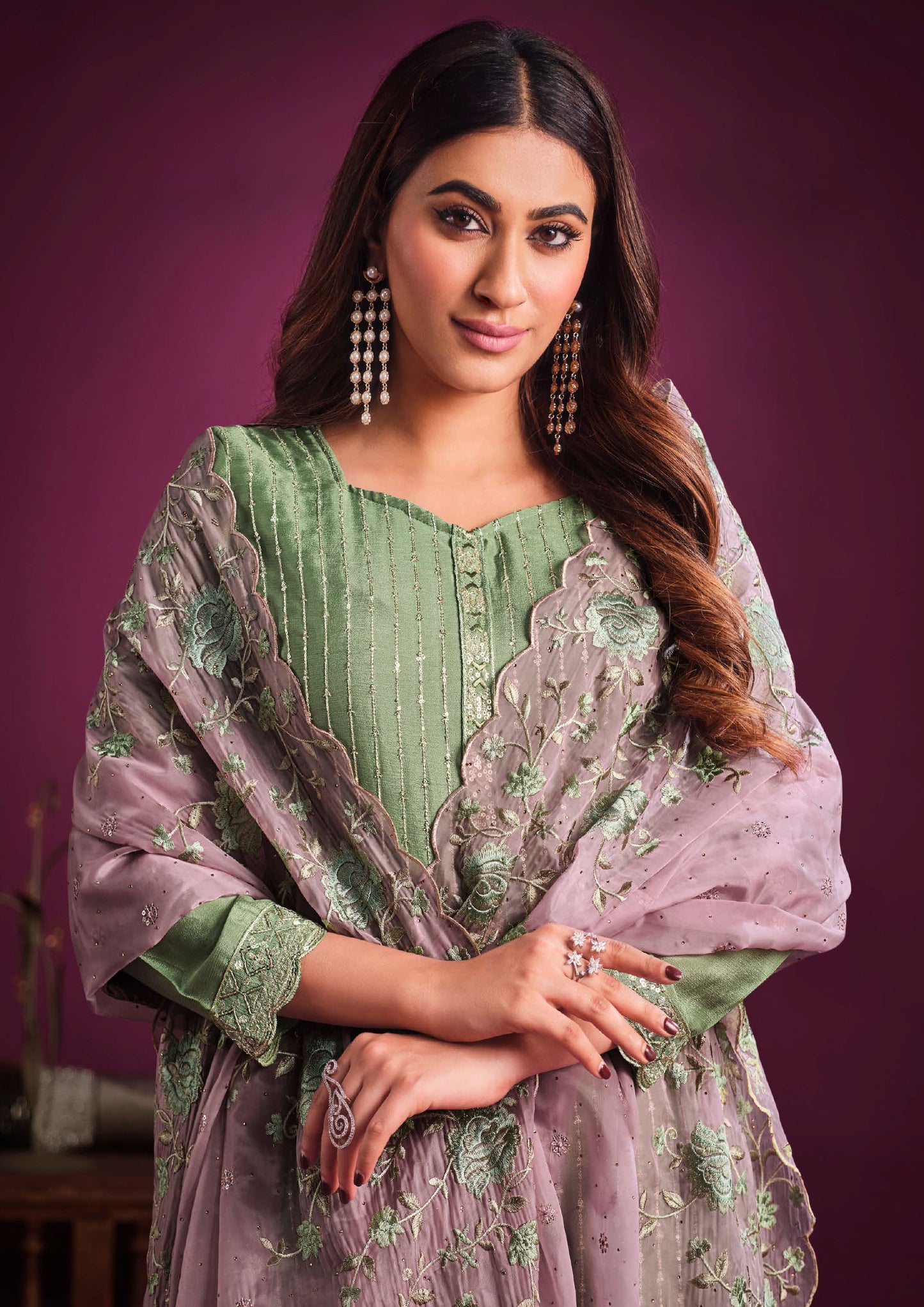 Green color Chinnon with Pink Organza Dupatta  Salwar Suit