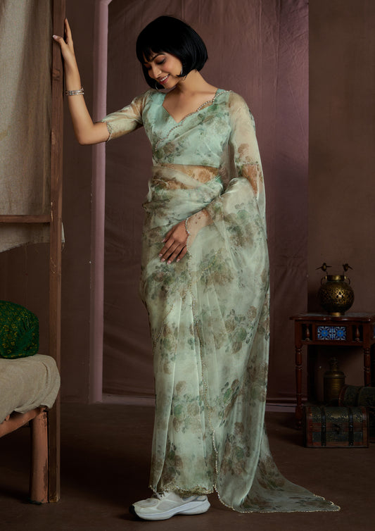 Pista Green Color Soft Organza Floral Print Saree