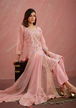 Peach Color Embroidered Organza Straight Suit