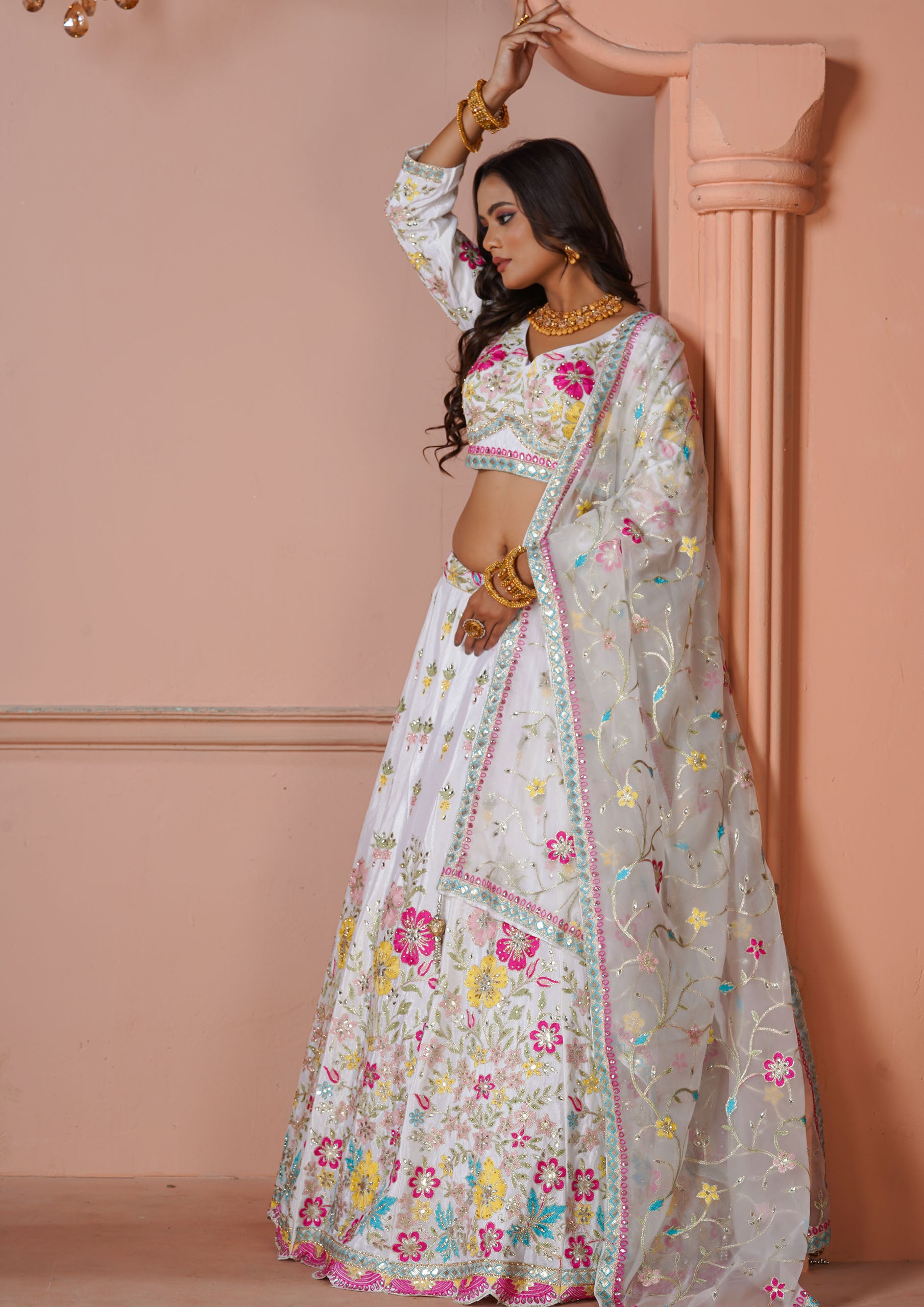 White Raw Silk Lehenga with Phulkari Work and Organza Dupatta