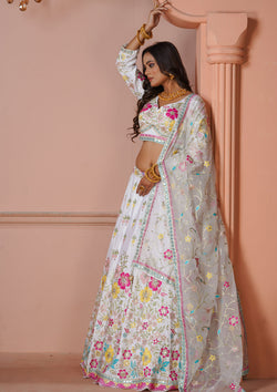 White Raw Silk Lehenga with Phulkari Work and Organza Dupatta