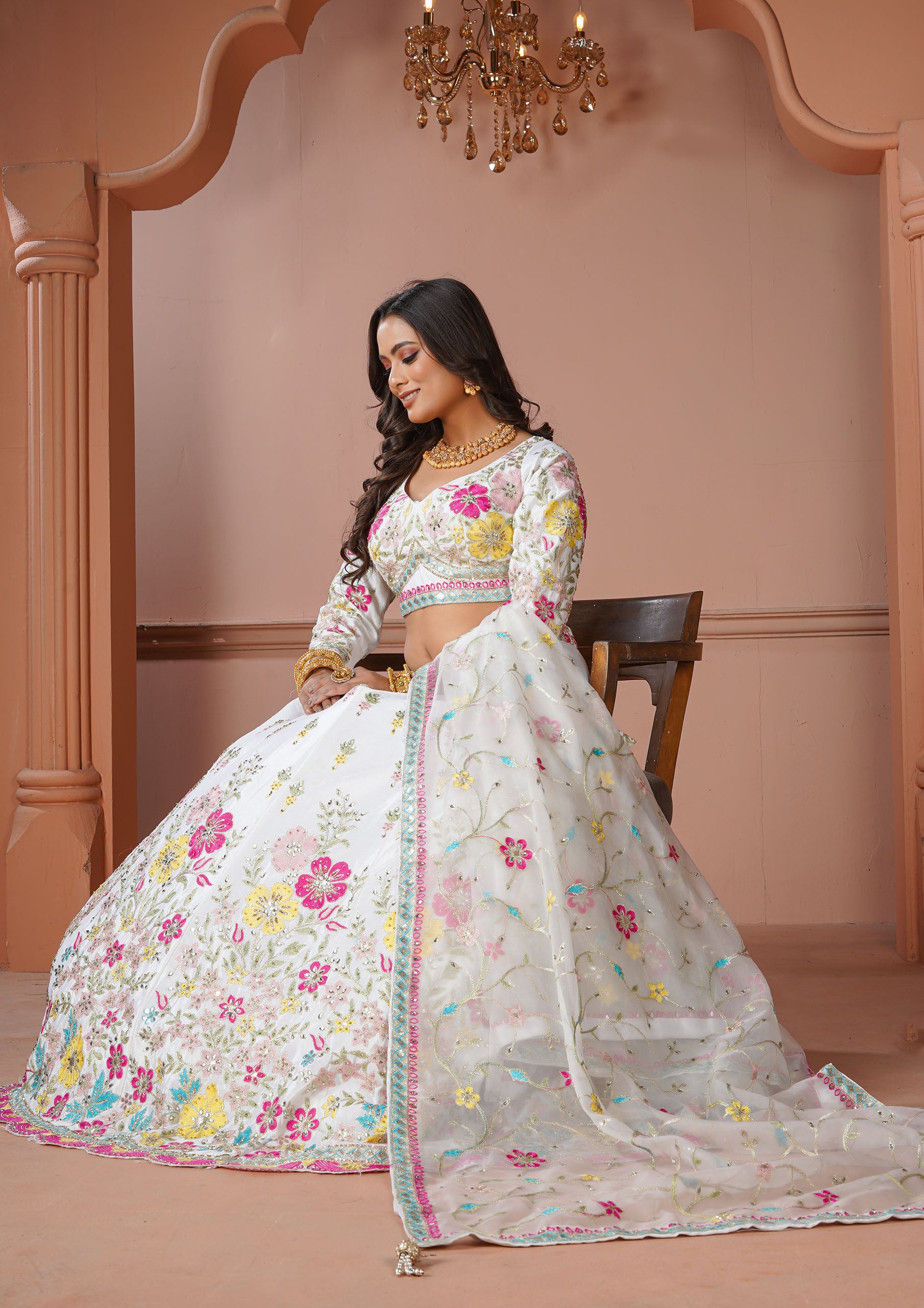 White Raw Silk Lehenga with Phulkari Work and Organza Dupatta