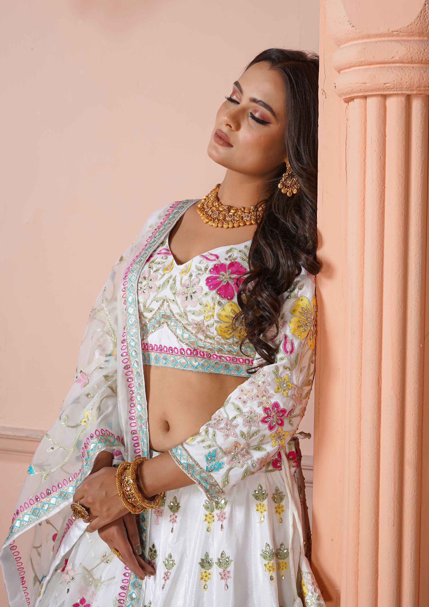 White Raw Silk Lehenga with Phulkari Work and Organza Dupatta