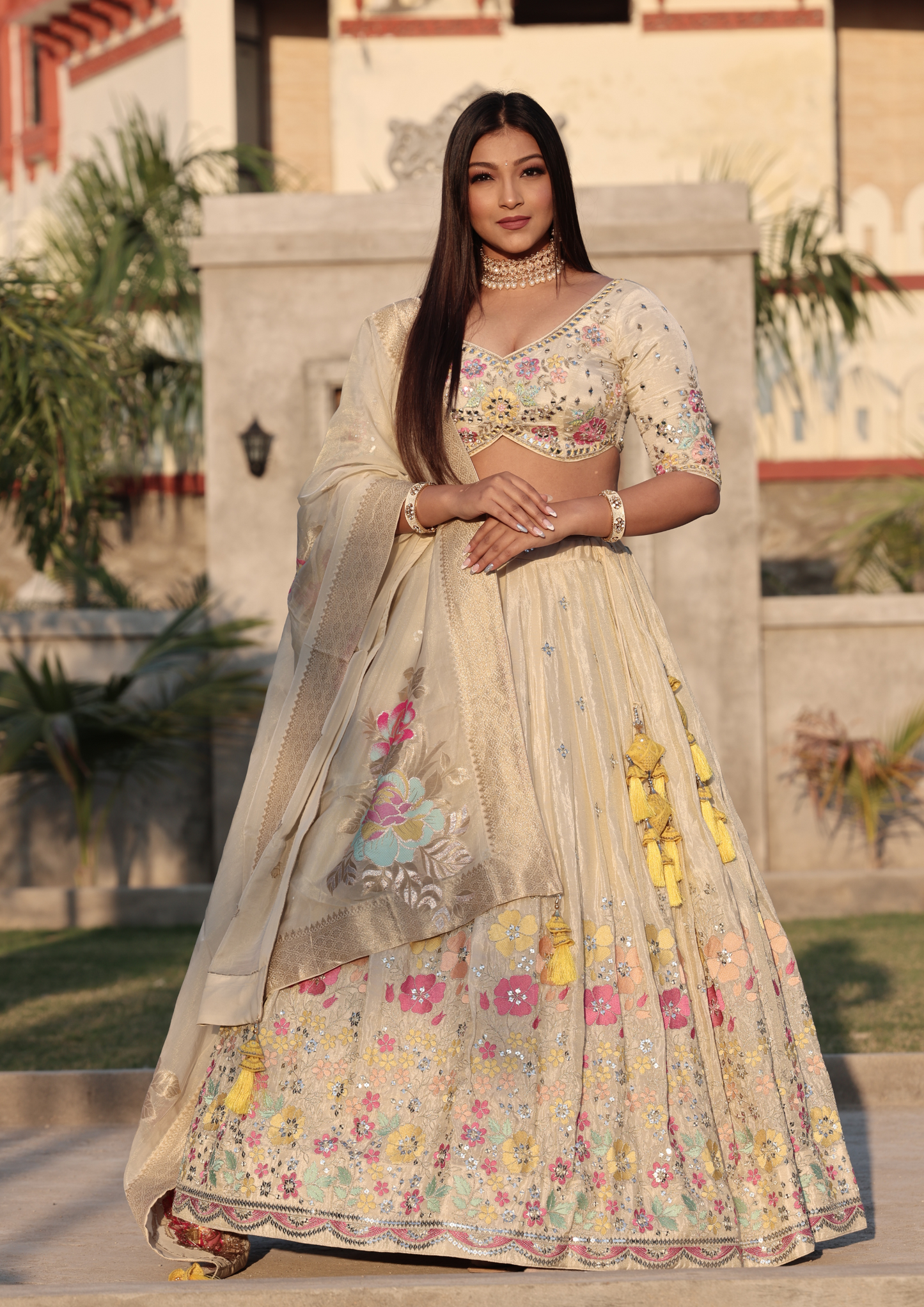 Stylish Cream Color Floral Pattern Embroidery Silk Lehenga Choli