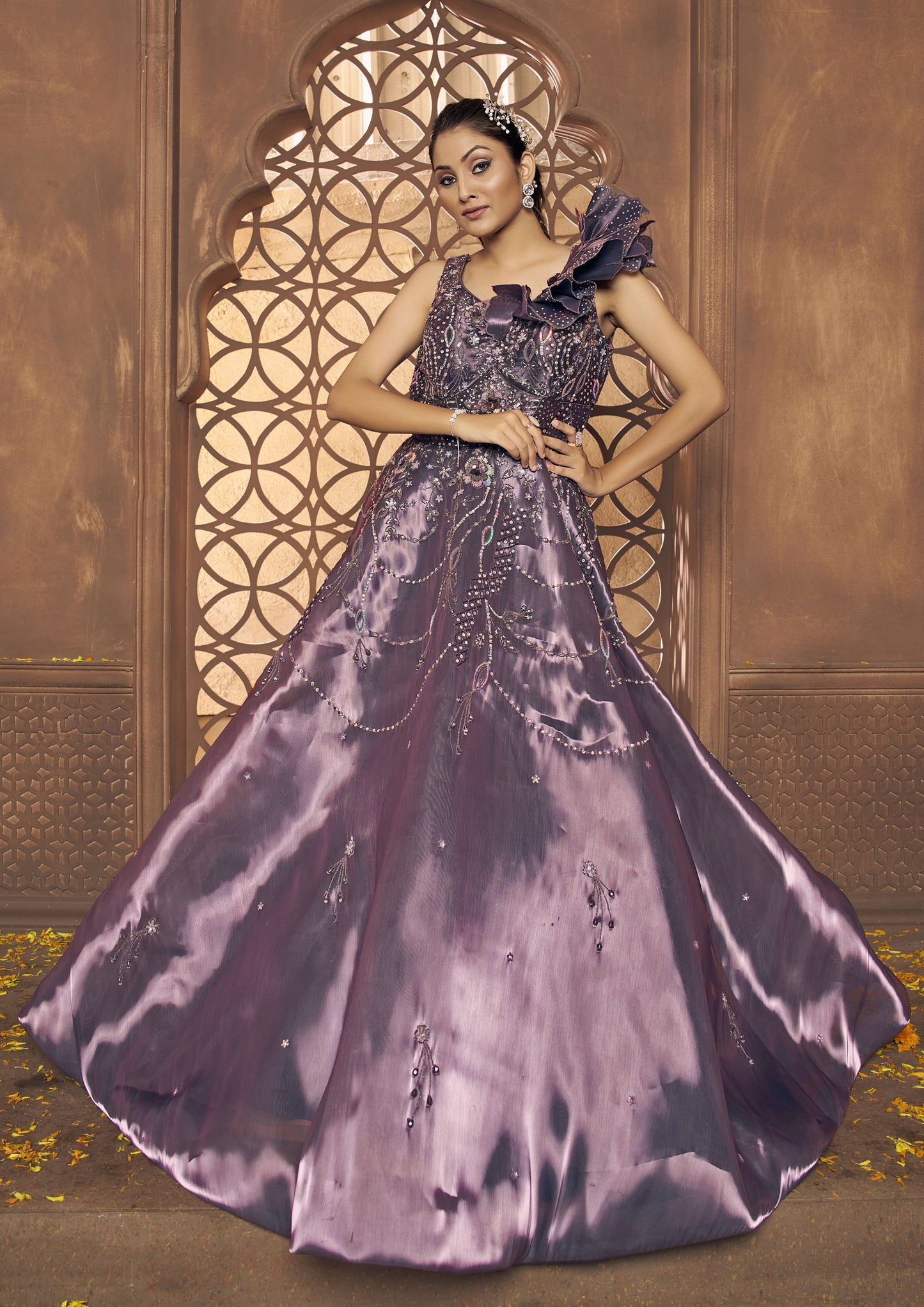 Wine Color Organza Embroidered Designer Gown