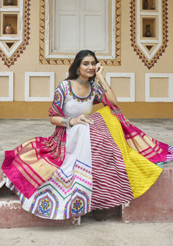 White Color Muslin Cotton Embroidered Lehenga For Navratri