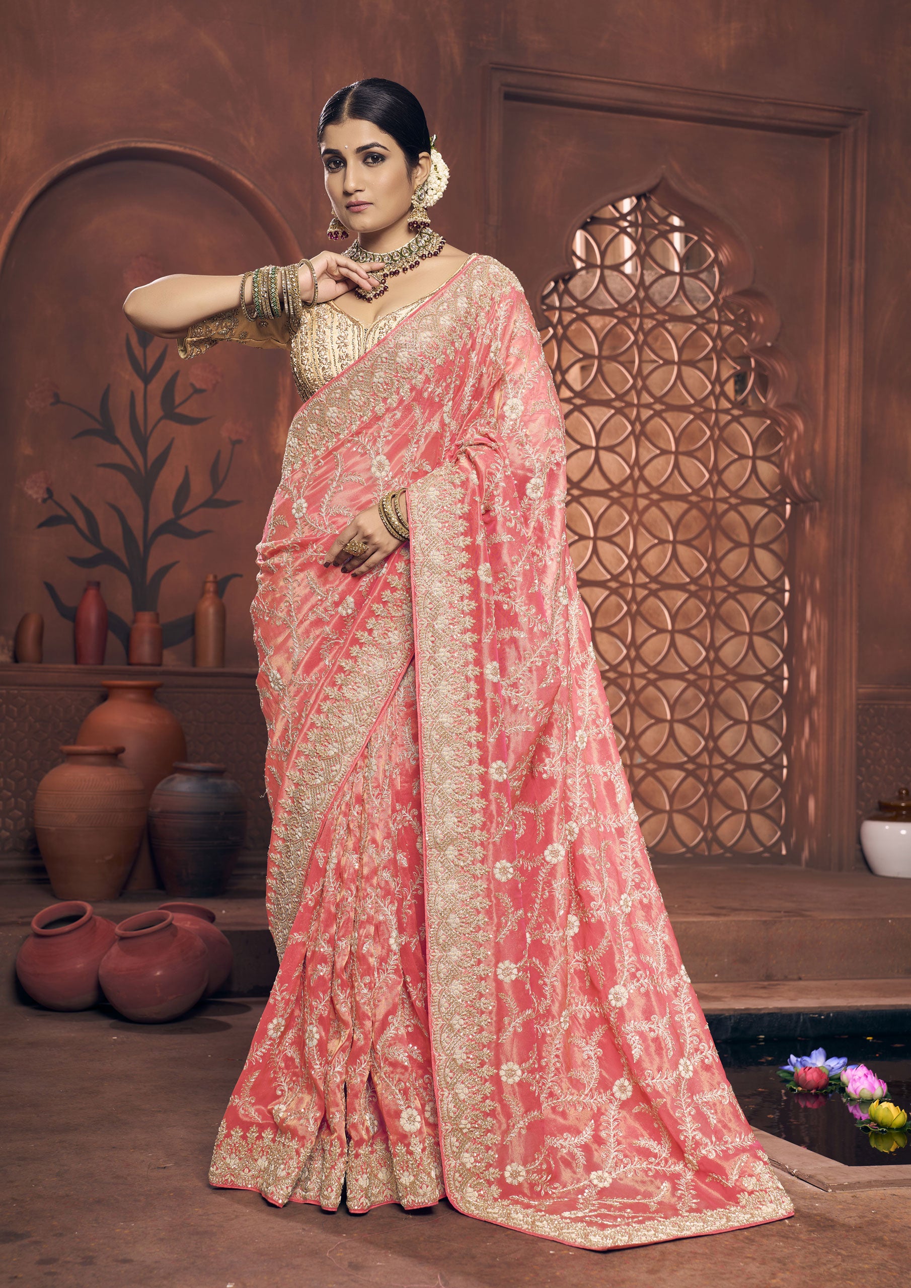 Peach Color Banarasi Tissue Zardosi Work Saree