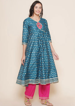 Mother Teal Color Jacquard Buti Angrakha Style Suit