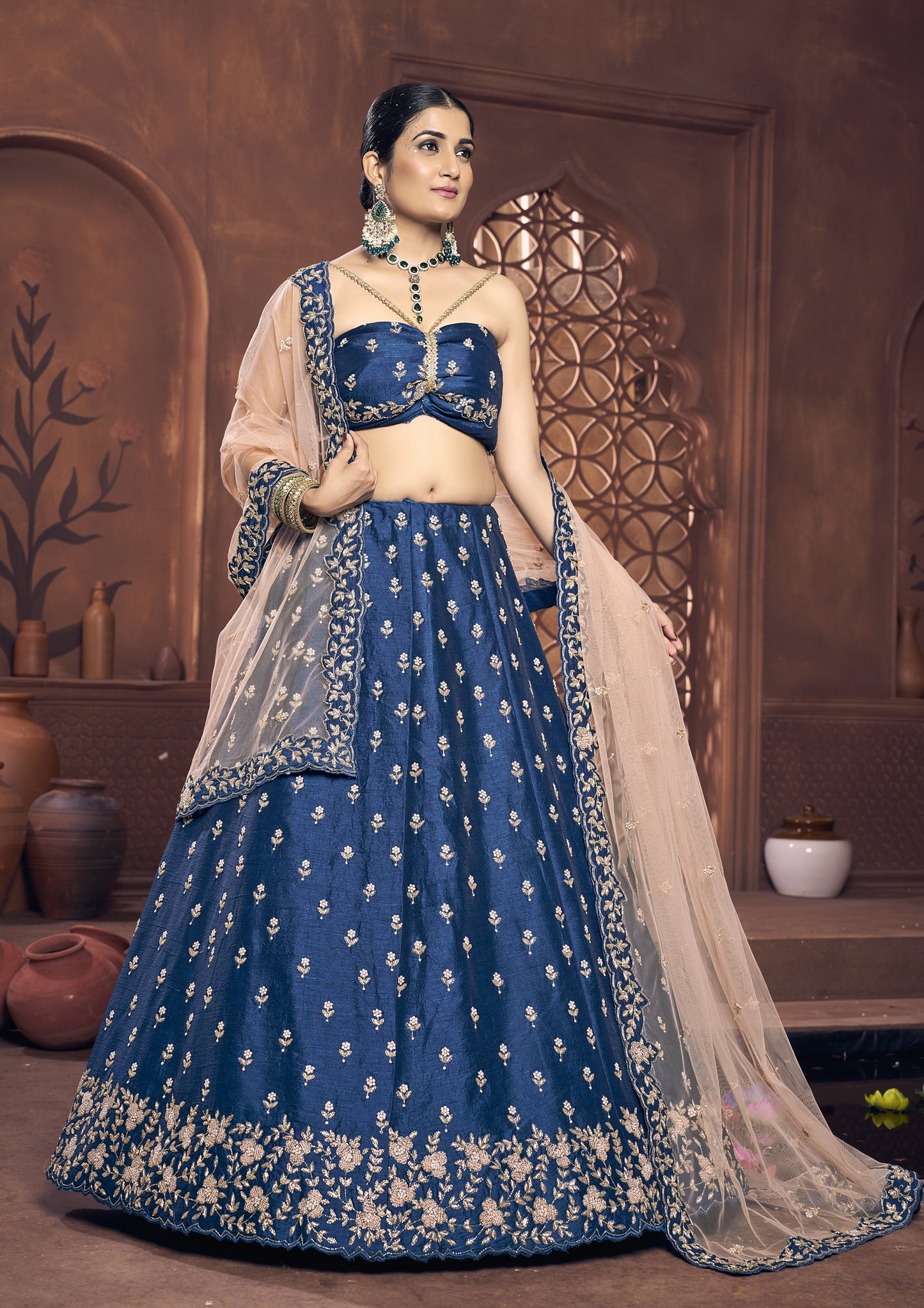 Classic Teal Color Raw Silk Hand Work Lehenga Choli