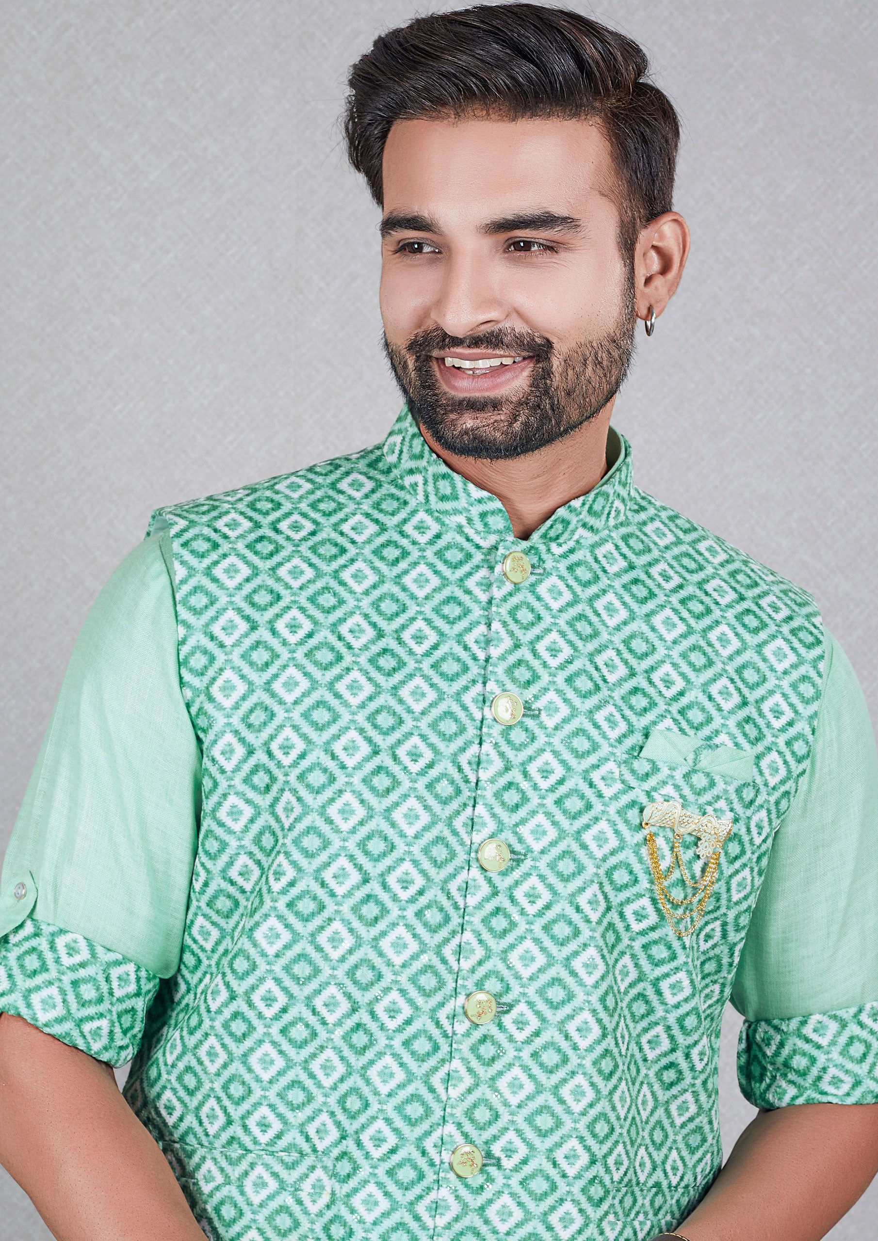 Turquoise Color Jacquard Silk Kurta With Printed Nehru Jacket