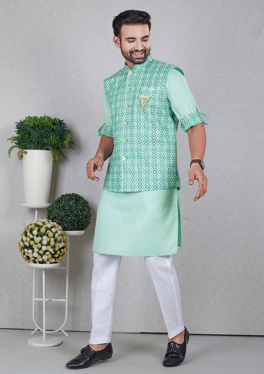 Turquoise Color Jacquard Silk Kurta With Printed Nehru Jacket