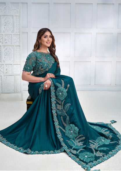 Fancy Teal Color Crepe Satin Silk Saree For Wedding