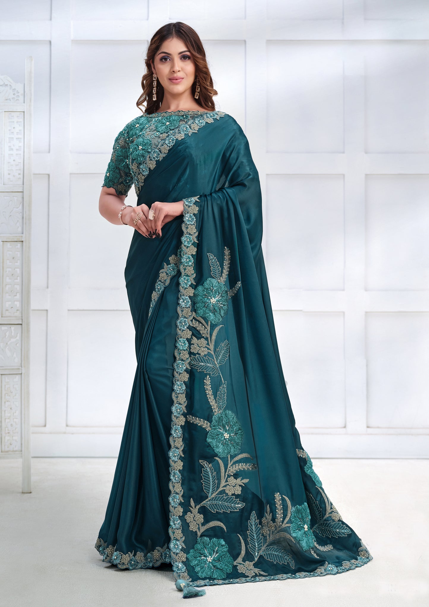 Fancy Teal Color Crepe Satin Silk Saree For Wedding