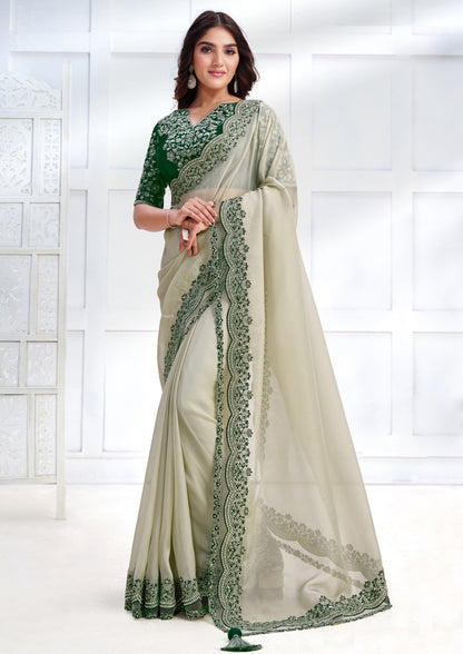 Off White Color Net Organza Georgette Saree