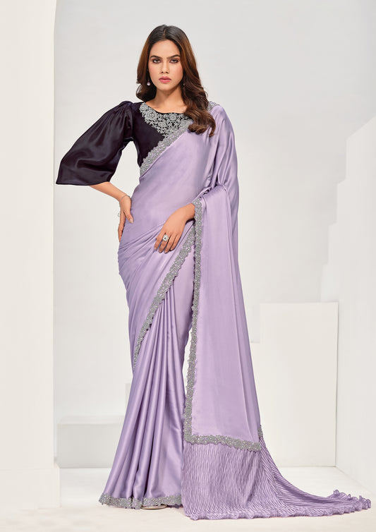 Lavender Color Crepe Satin Silk Zardosi Work Saree