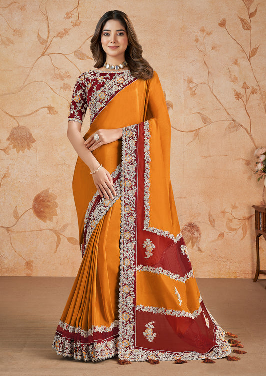 Orange Color Silk Georgette Floral Embroidered Saree