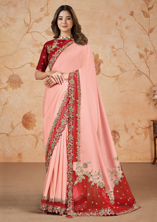 Peach Color Crepe Satin Silk Resham Work Saree