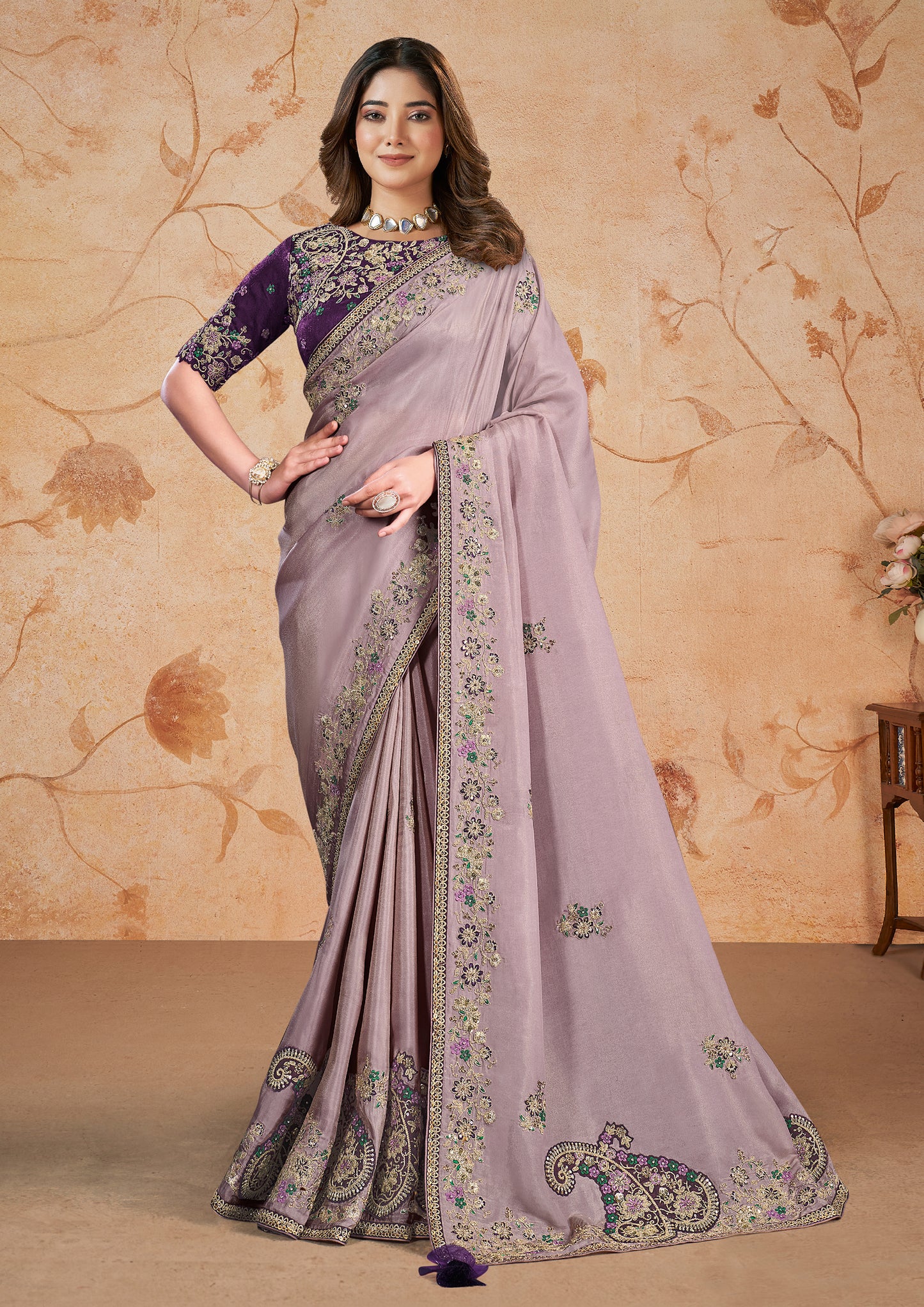 Light Purple Color Shimmer Silk Georgette Stone Work Saree