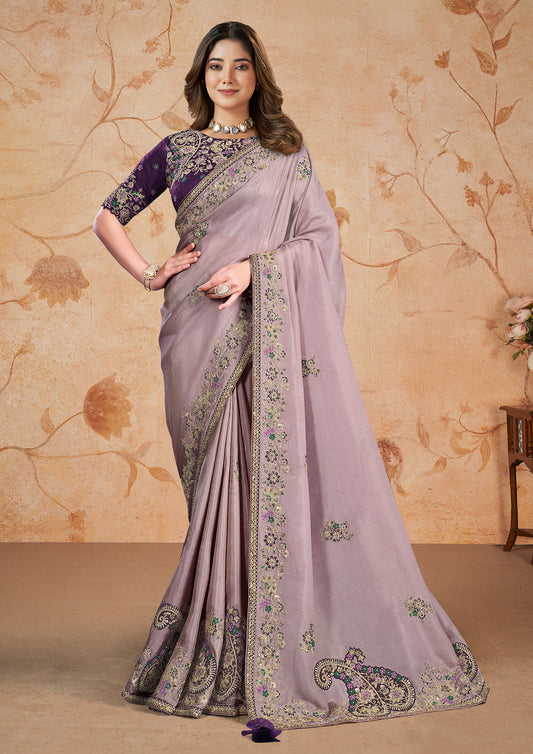 Light Purple Color Shimmer Silk Georgette Stone Work Saree