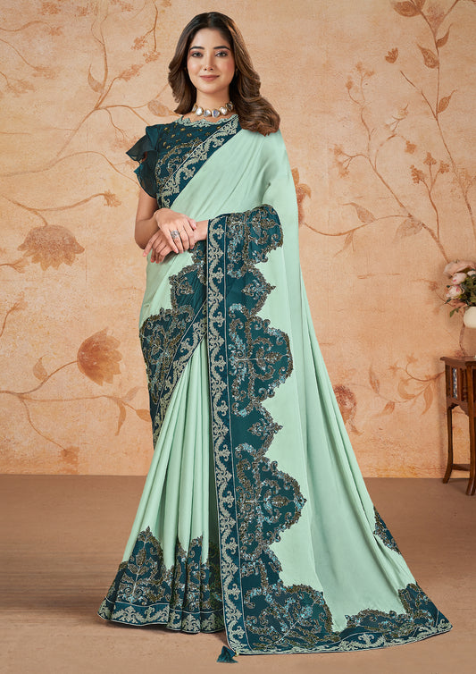 Sea Green Color Silk Georgette Embroidered Work Saree