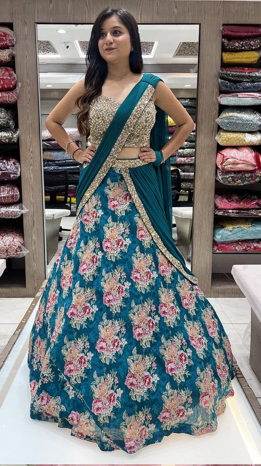 Blue Color Georgette Floral Print Lehenga Choli